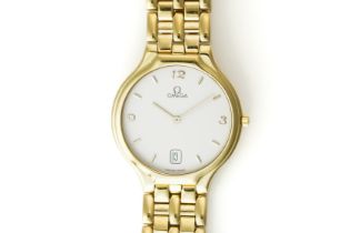 OMEGA DE VILLE SYMBOL. AN 18K GOLD QUARTZ CALENDAR BRACELET WRISTWATCH