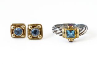 A DAVID YURMAN SILVER AND GOLD, BLUE TOPAZ AND CABOCHON RUBY RING AND A PAIR OF EARSTUDS (3)