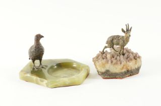 TWO AUSTRIAN COLD PAINTED BRONZES: A CHAMOIS AND A GROUSE MOUNTED ASHTRAY (2)