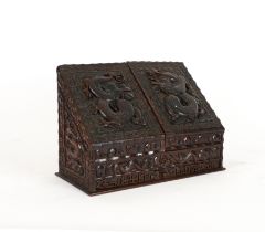 A LATE 19TH CENTURY CHINESE EXPORT CARVED SLOPE FRONT STATIONERY BOX