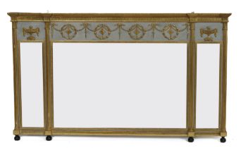 A REGENCY STYLE PARCEL GILT TRIPLE PLATE OVERMANTEL WALL MIRROR