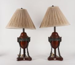A PAIR OF NEO-CLASSICAL HARDWOOD METAL MOUNTED ANTHEHIENNE TABLE LAMPS (2)