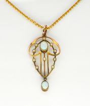 AN EDWARDIAN OPAL AND SEED PEARL PENDANT AND CHAIN