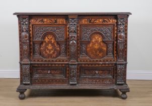 A 17TH CENTURY MARQUETRY INLAID OAK MULE CHEST