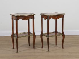 A PAIR OF BRASS MOUNTED INLAID HARDWOOD TWO TIER OCCASIONAL TABLES (2)