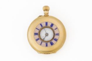 A LADY'S GOLD CASED KEYLESS WIND, HALF HUNTING CASED FOB WATCH