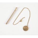 A 9CT GOLD SWIZZLE STICK AND A 9CT GOLD ST CHRISTOPHER PENDANT WITH A GOLD NECKCHAIN (3)