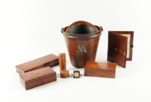 A GROUP OF LEATHER DESK ACCESSORIES AND A LEATHER FIRE BUCKET (10)