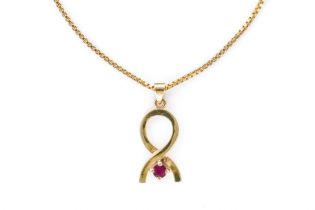 A 9CT GOLD AND RUBY PENDANT WITH A GOLD BOX LINK NECKCHAIN (2)