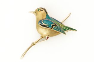 A MAUBOUSSIN PARIS YELLOW GOLD AND ENAMELLED BIRD BROOCH