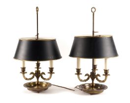 A PAIR OF EMPIRE STYLE BRASS THREE LIGHT BOUILLOTTE TABLE LAMPS (2)