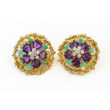 A PAIR OF GOLD, DIAMOND, AMETHYST AND EMERALD EARCLIPS