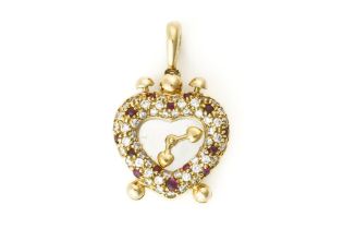 A YELLOW AND WHITE GOLD, RUBY AND DIAMOND HEART CLOCK PENDANT