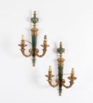 A SET OF FOUR LOUIS XVI STYLE GILT-METAL AND GREEN PAINTED TWIN-LIGHT WALL APPLIQUES (4)