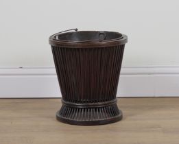 A 19TH CENTURY BRASS INLAID MAHOGANY STICKWORK PEAT BUCKET