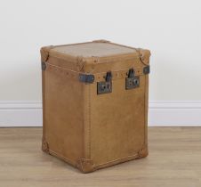 A TANNED LEATHER SIDE TABLE MODELLED AS A LEATHER STEAMER STYLE TRUNK