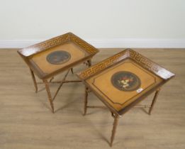 A PAIR OF REGENCY STYLE POLYCHROME PAINTED TRAY TOP SIDE TABLES (2)