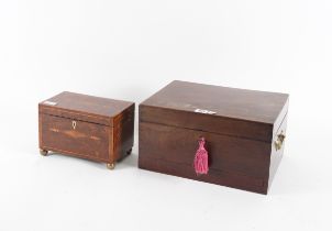 A GEORGE III INLAID BURR YEW TWIN DIVISION TEA CADDY (2)