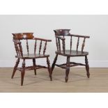 A NEAR PAIR OF ELM SEATED SMOKER'S BOW ARMCHAIRS (2)