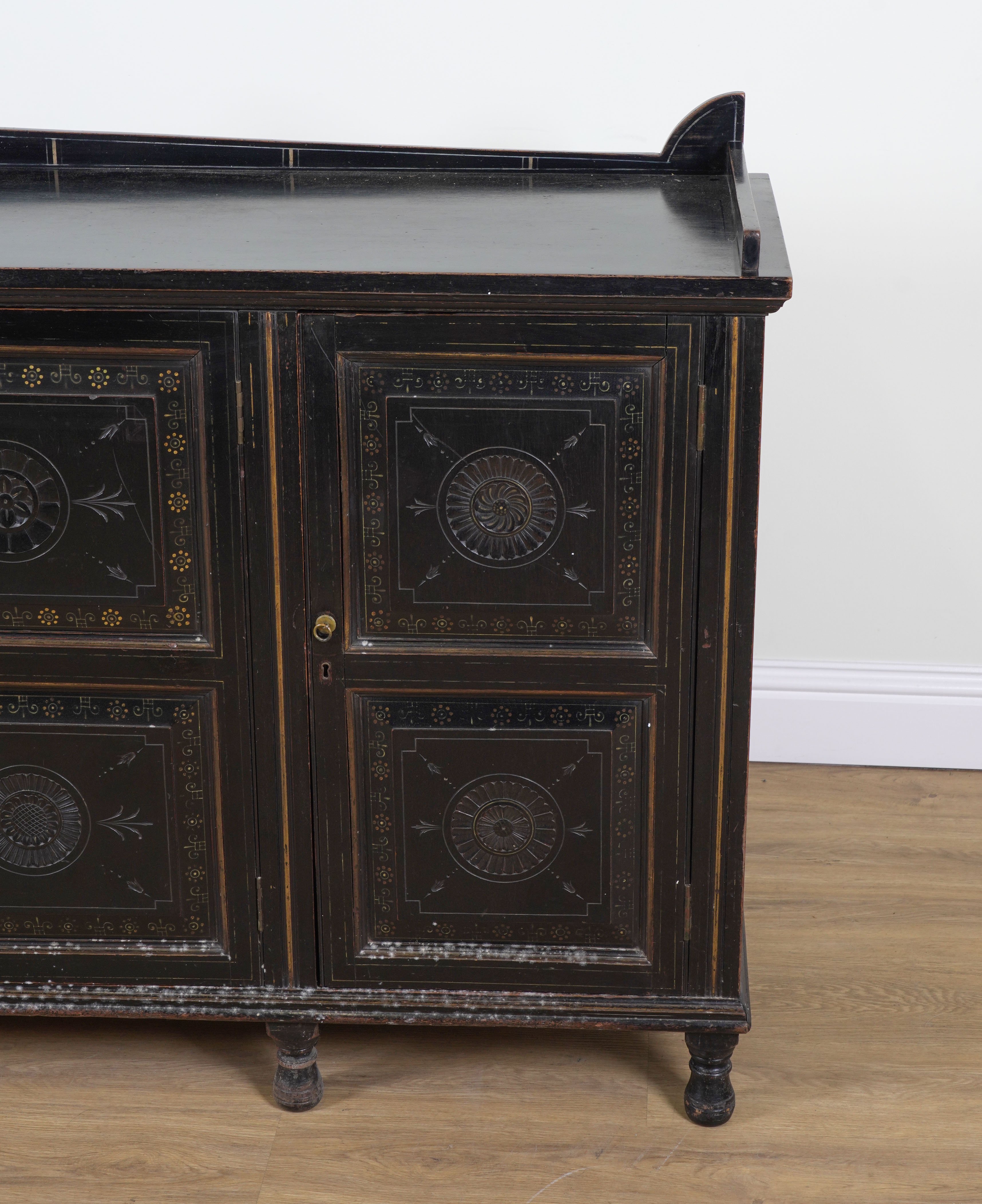 AN AESTHETIC MOVEMENT BLACK LACQUER AND POLYCHROME PAINTED FOUR DOOR SIDE CABINET - Image 3 of 15