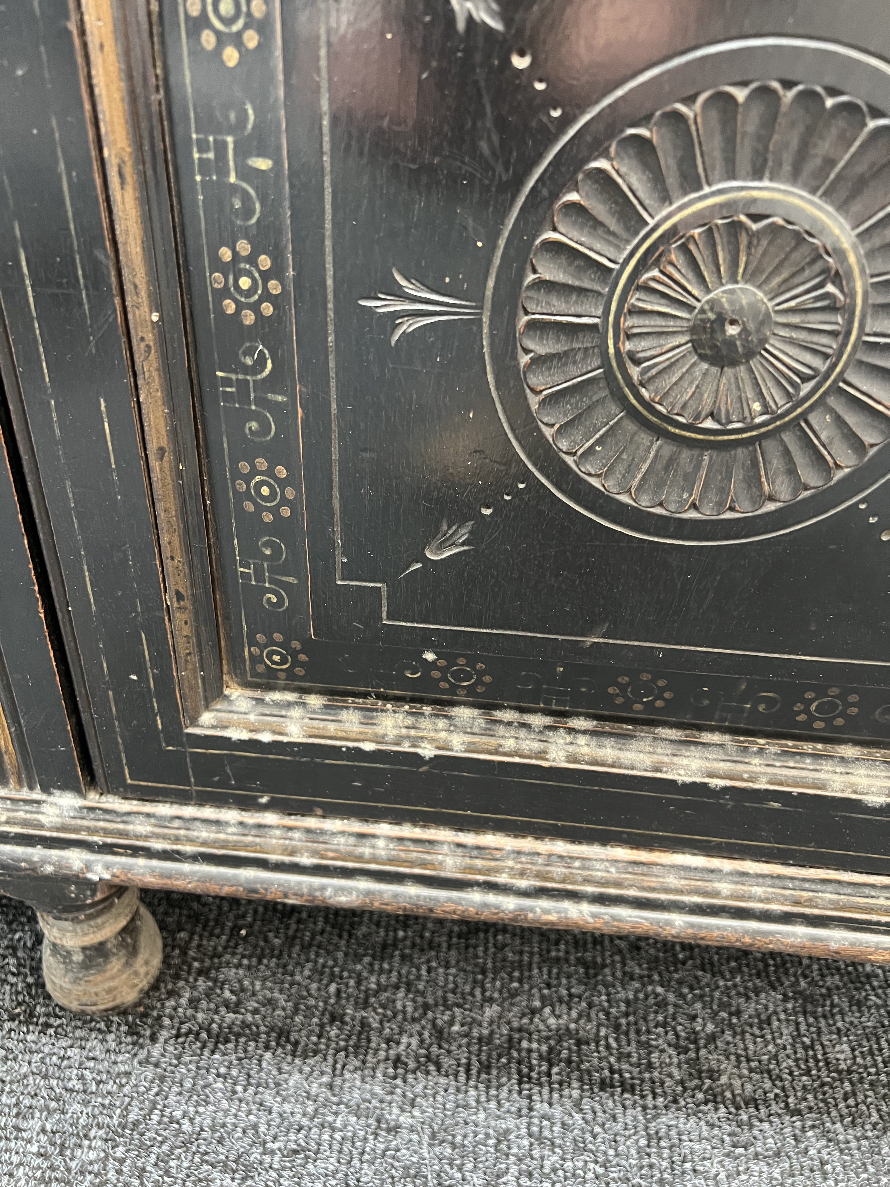 AN AESTHETIC MOVEMENT BLACK LACQUER AND POLYCHROME PAINTED FOUR DOOR SIDE CABINET - Image 9 of 15