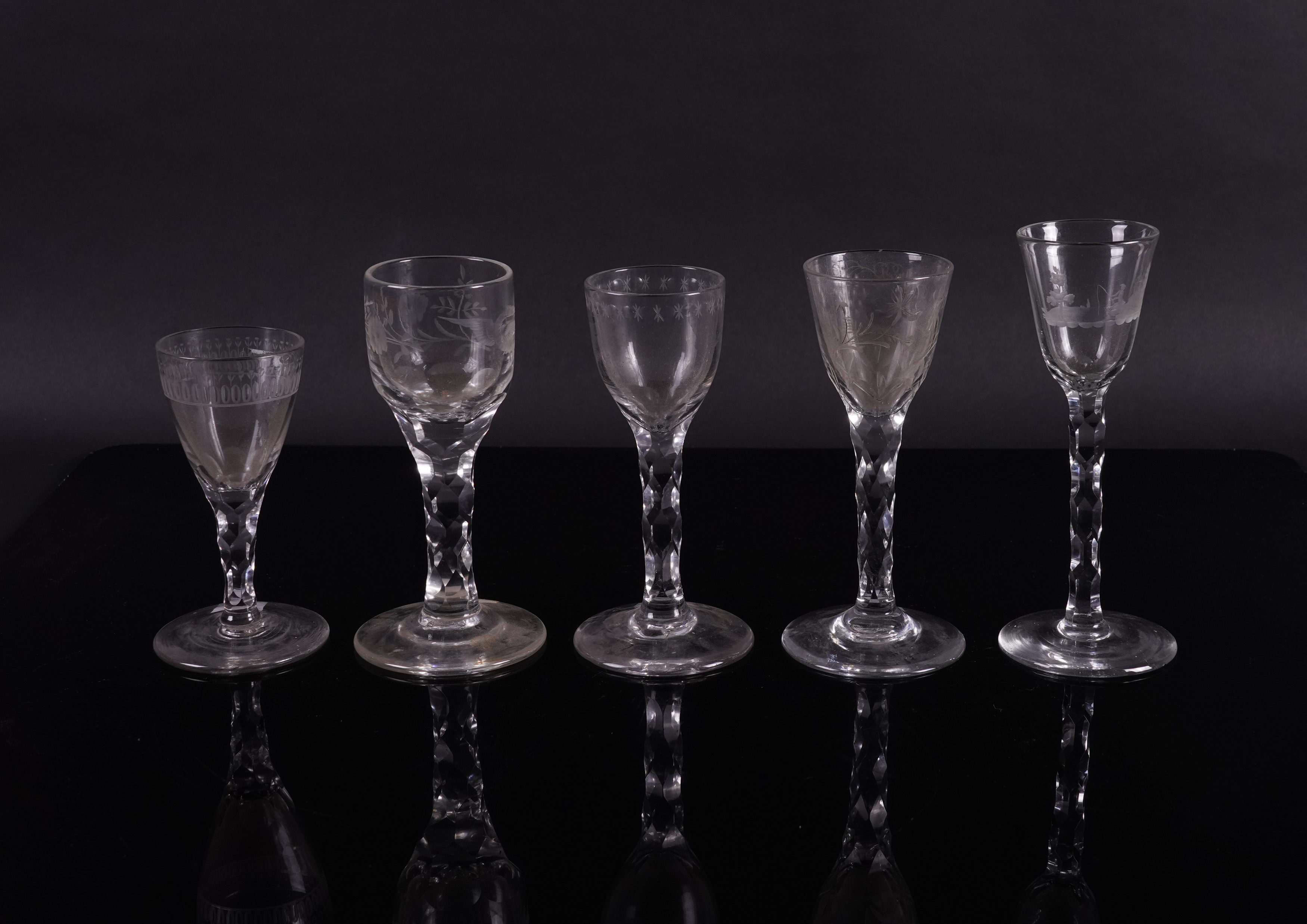 FIVE ENGRAVED FACET STEMMED WINE GLASSES (5) - Image 2 of 2
