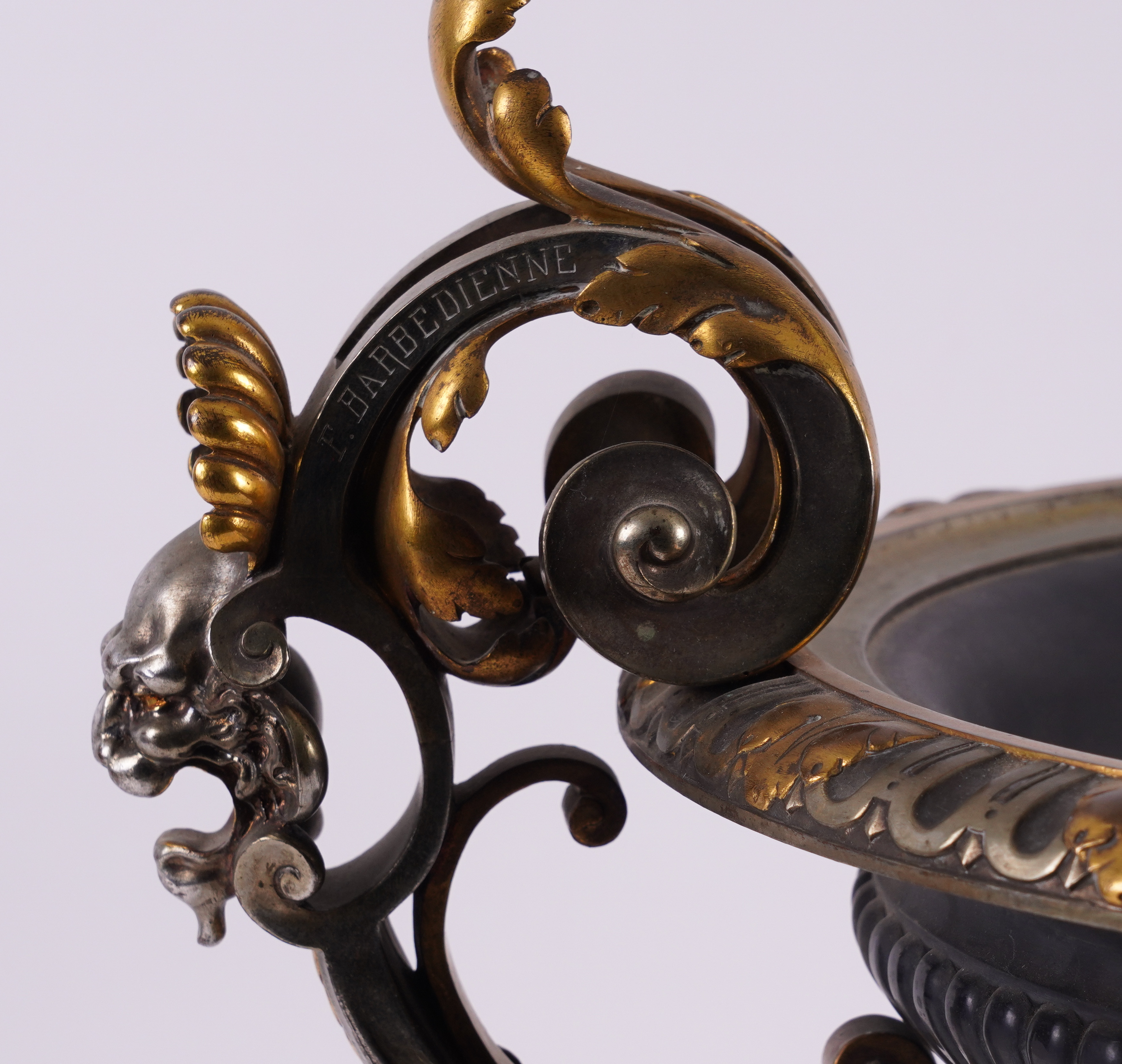 FERDINAND BARBEDIENNE, PARIS: A FRENCH GILT AND SILVERED BRONZE TWIN HANDLED TAZZA - Image 7 of 8