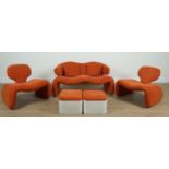 PROBABLY OLIVIER MOURGUE; AN ORANGE UPHOLSTERED SOFA AND CHAIRS (5)