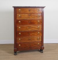 A 19TH CENTURY FRENCH MARBLE TOPPED MAHOGANY SEMANIERE/ TALL CHEST OF SEVEN DRAWERS