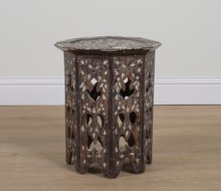 A 19TH CENTURY OTTOMAN BONE AND MOTHER-OF-PEARL INLAID HARDWOOD OCTAGONAL OCCASIONAL TABLE