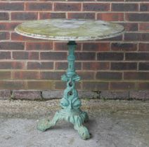 A VICTORIAN MARBLE TOPPED GREEN PAINTED CAST IRON GARDEN TABLE