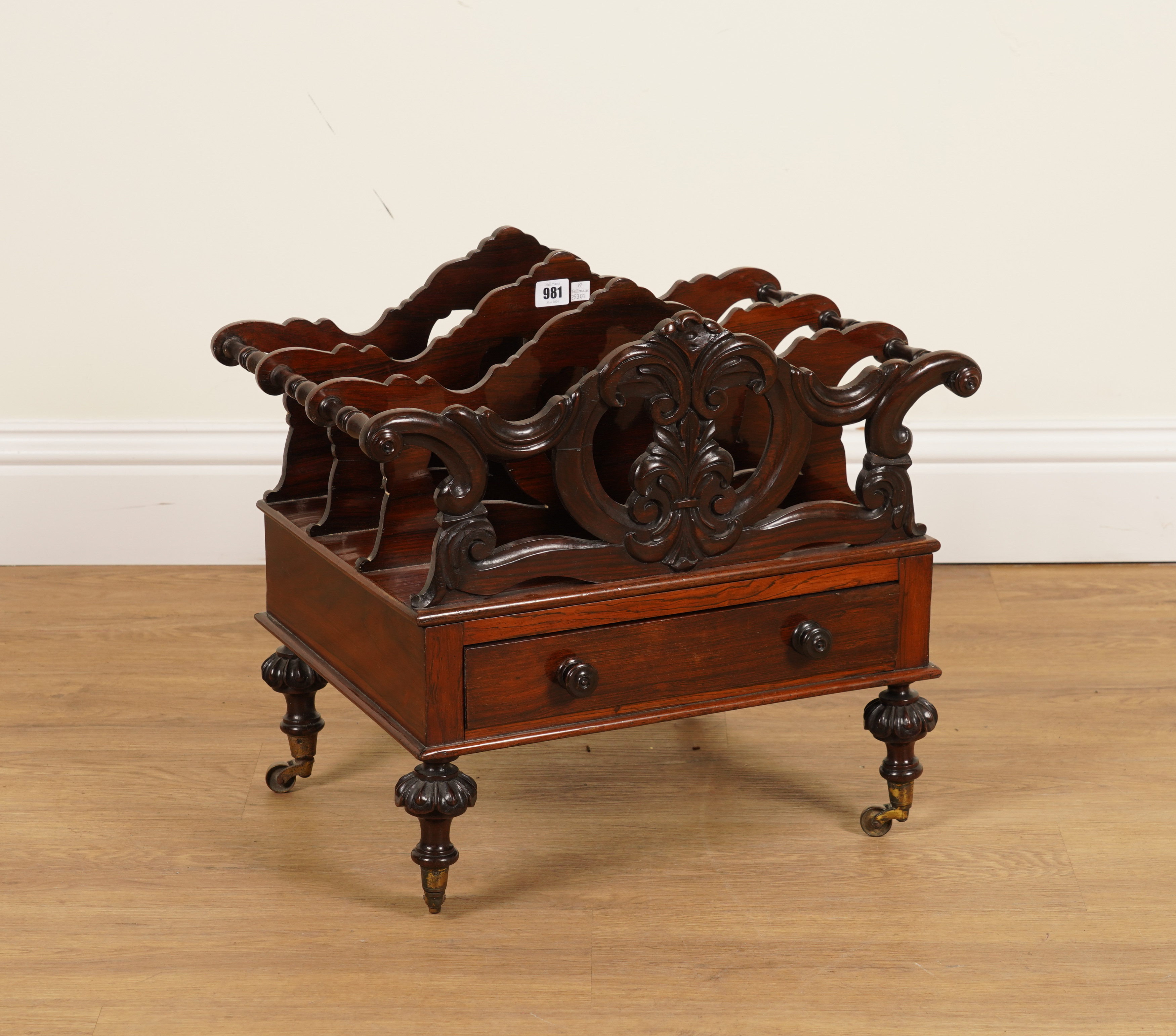 A REGENCY ROSEWOOD SINGLE DRAWER THREE DIVISION CANTERBURY