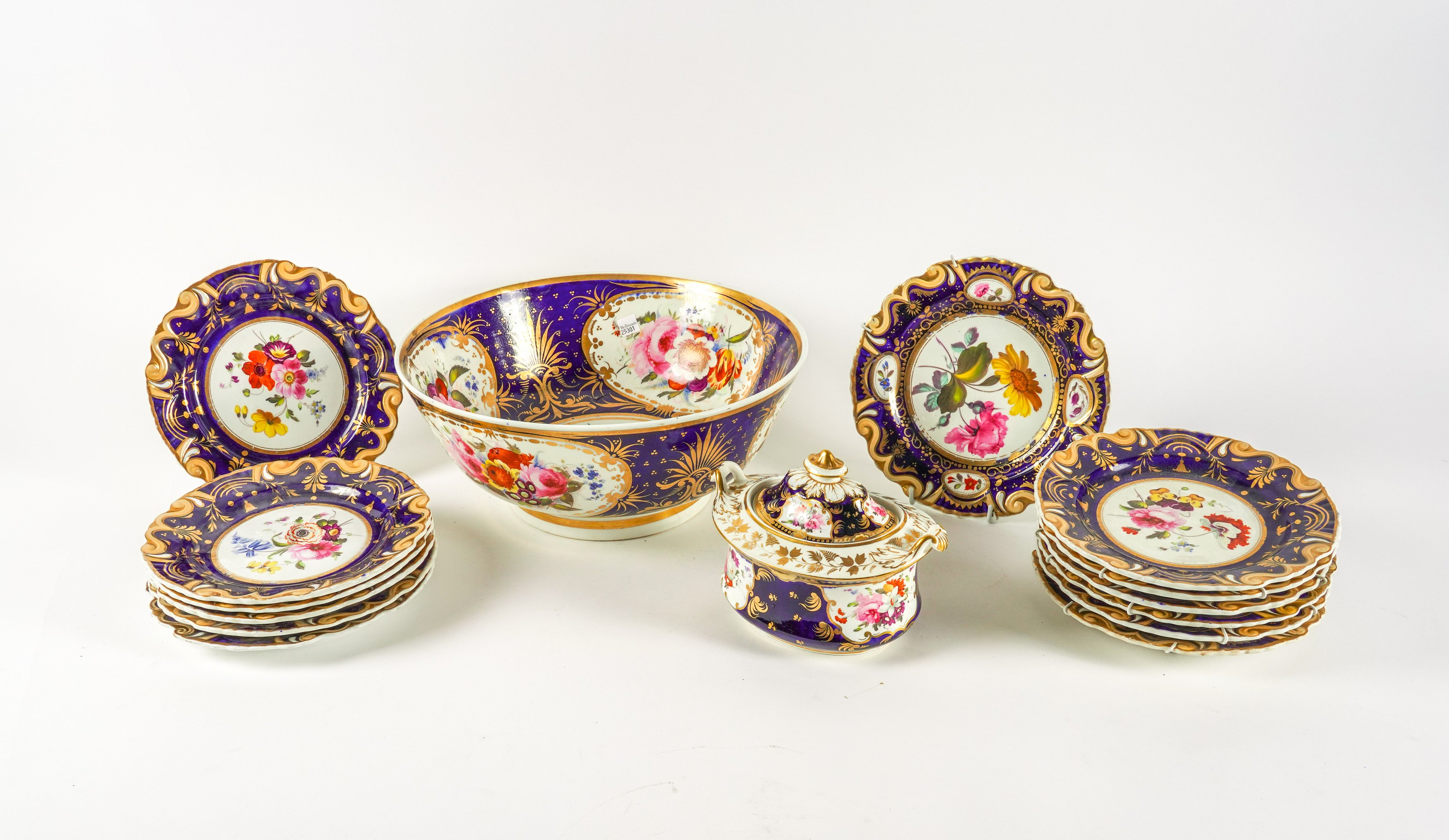 A GROUP OF ENGLISH BLUE-GROUND PORCELAINS PAINTED WITH FLOWERS (16)