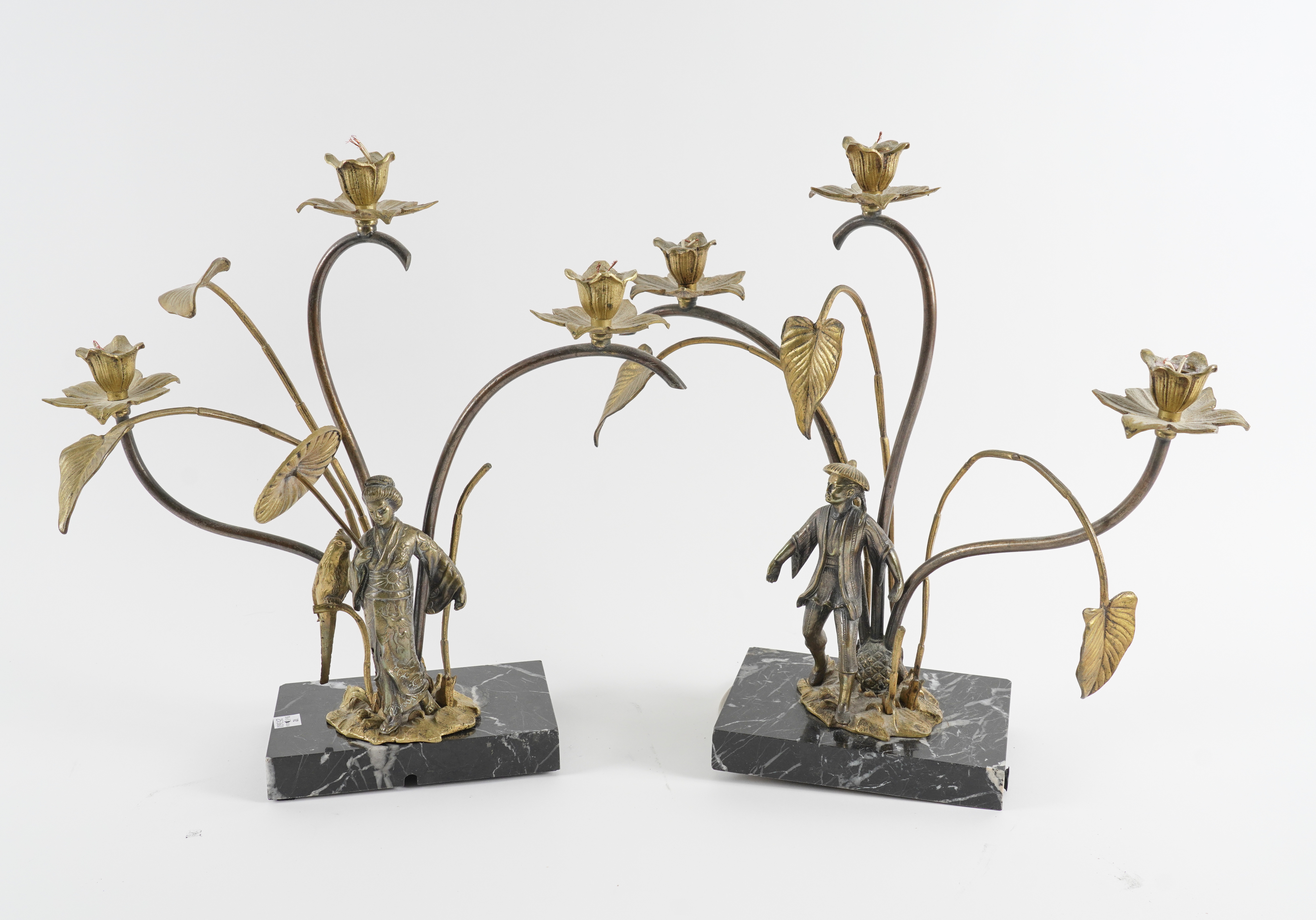 A PAIR OF ROCOCO STYLE GILT-METAL ‘CHINOISERIE’ THREE BRANCH TABLE LIGHTS (2)