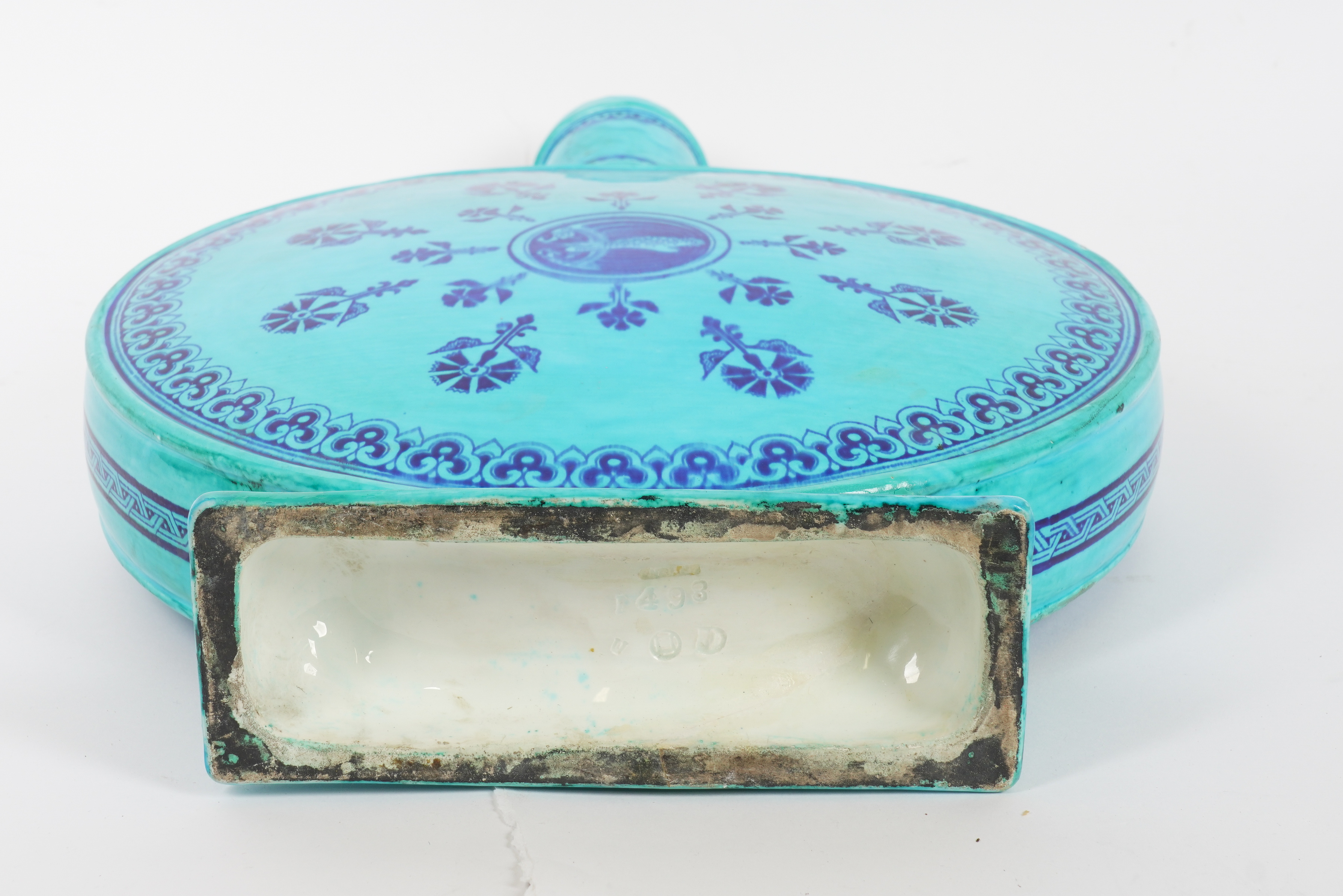 A LARGE MINTON TURQUOISE GROUND MOONFLASK ATTRIBUTED TO CHRISTOPHER DRESSER - Image 3 of 3