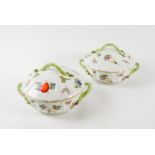 A PAIR OF HEREND `MARKET GARDEN' PATTERN OZIER MOULDED CIRCULAR TWO-HANDLED VEGETABLE TUREENS...