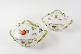 A PAIR OF HEREND `MARKET GARDEN' PATTERN OZIER MOULDED CIRCULAR TWO-HANDLED VEGETABLE TUREENS...