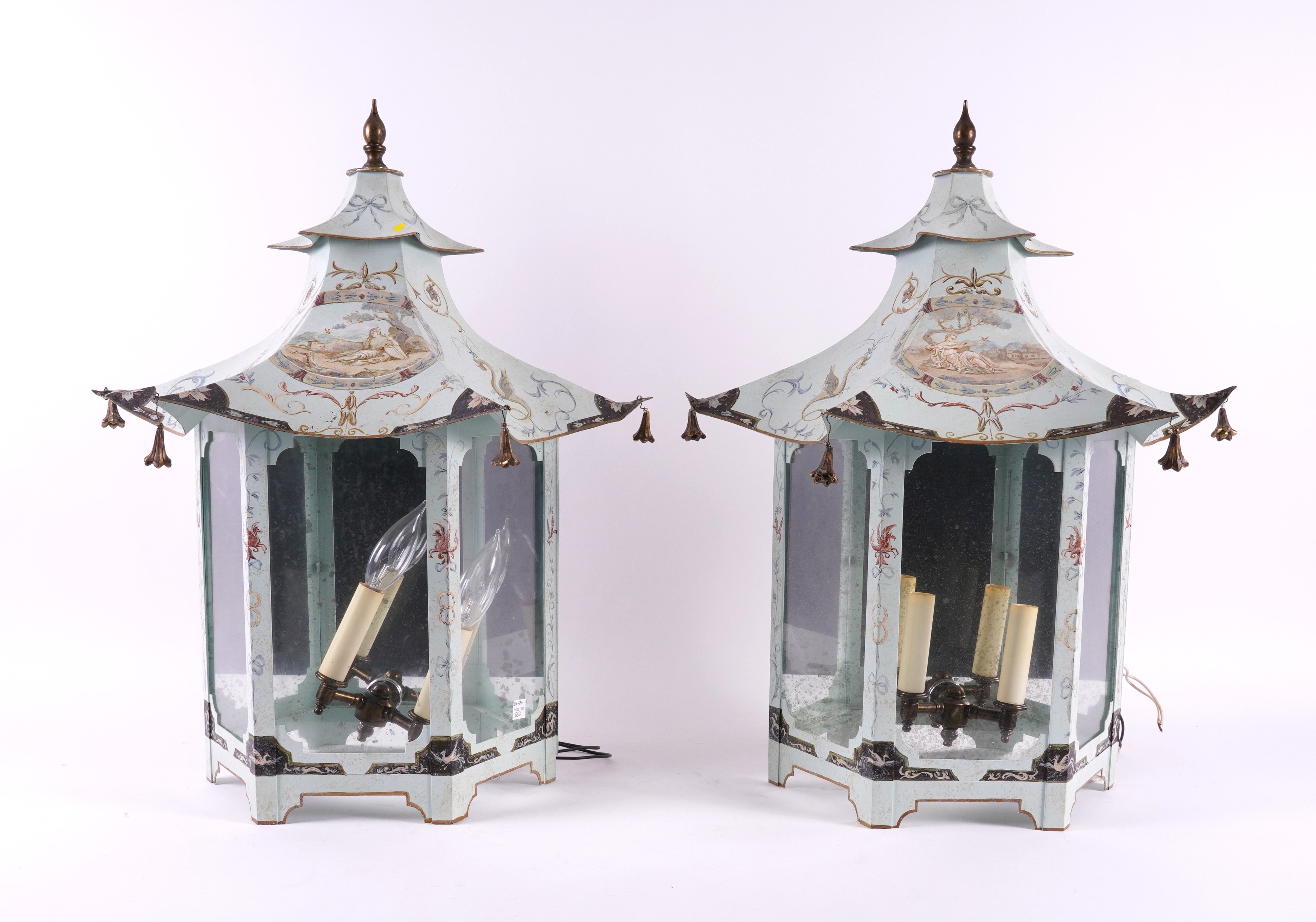 A PAIR OF LIGHT BLUE DECORATED TOLEWARE ‘PAGODA’ SHAPED WALL LIGHTS (2)