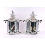 A PAIR OF LIGHT BLUE DECORATED TOLEWARE ‘PAGODA’ SHAPED WALL LIGHTS (2)