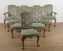 MAPLE QUALITY; A SET OF TEN GEORGE II STYLE UPHOLSTERED DINING CHAIRS (10)