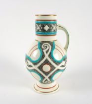 A TALL POWELL, BISHOP & STONIER EARTHENWARE EWER IN THE MANNER OF CHRISTOPHER DRESSER