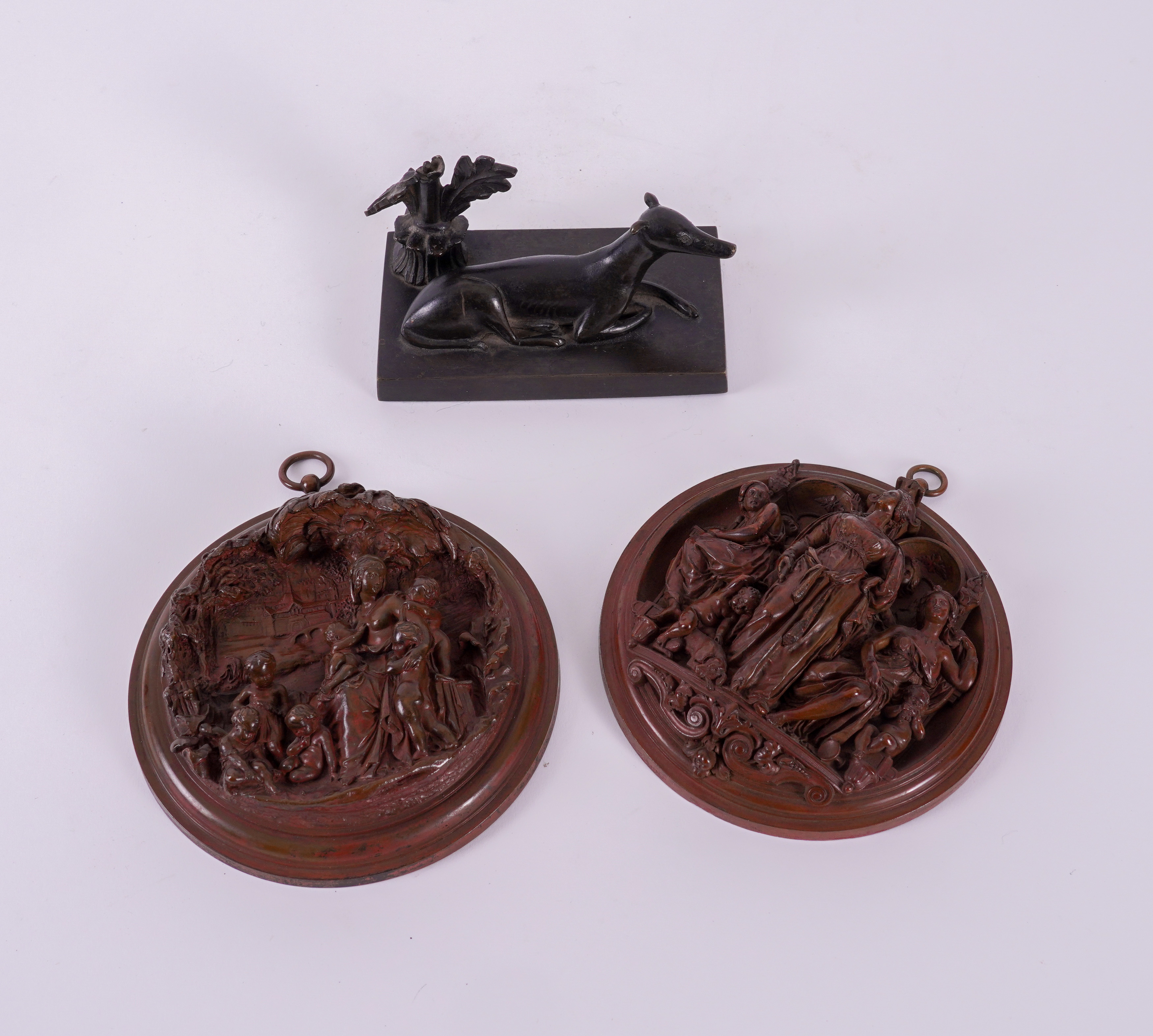 A REGENCY BRONZE GREYHOUND PAPERWEIGHT AND TWO ROUNDELS (3) - Image 3 of 5