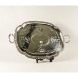 A PLATED SHAPED OVAL TWIN HANDLED LARGE TRAY