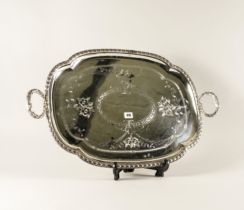 A PLATED SHAPED OVAL TWIN HANDLED LARGE TRAY