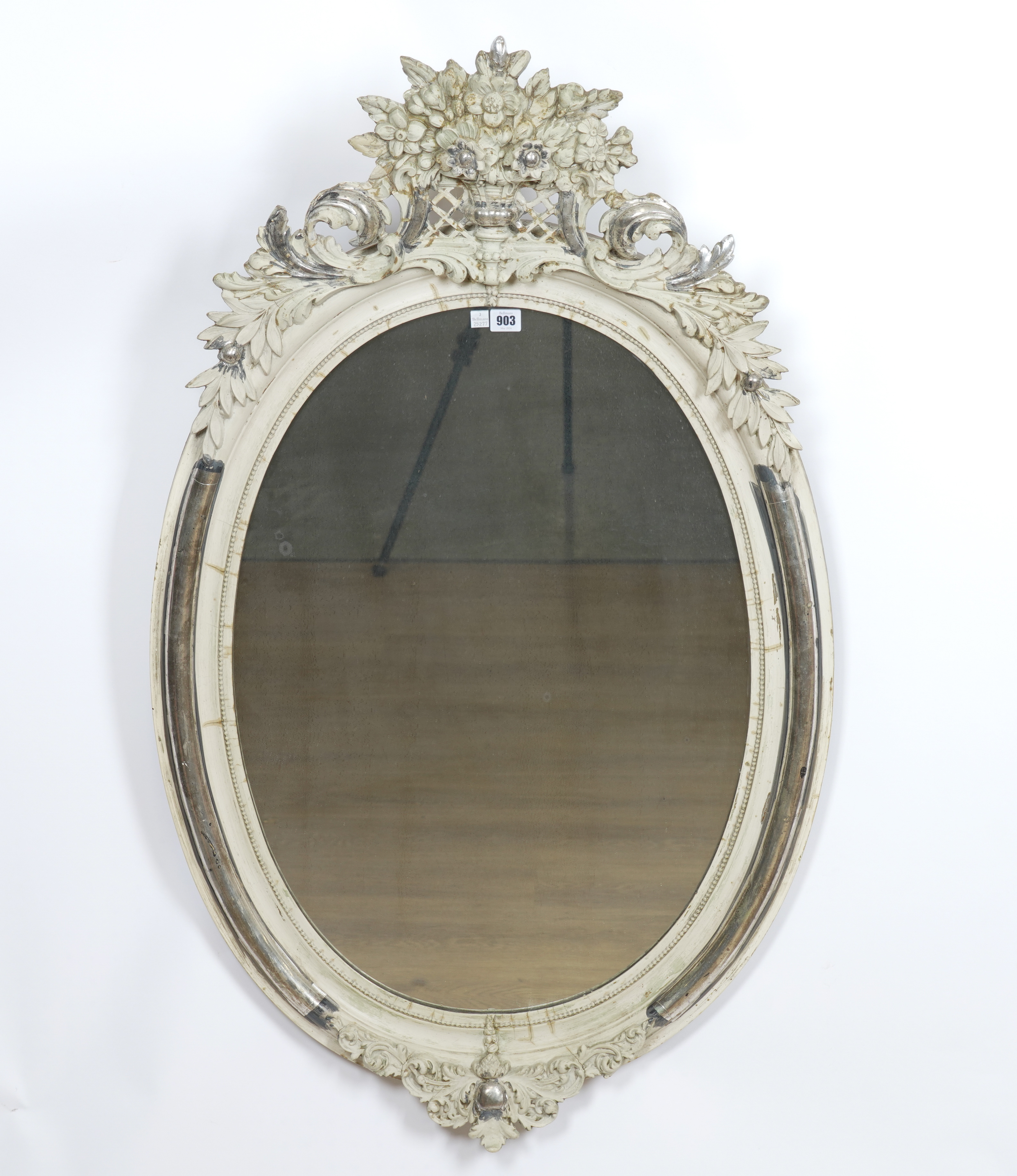 A 19TH CENTURY FRENCH SILVER AND CREAM PAINTED OVAL MIRROR - Image 2 of 3
