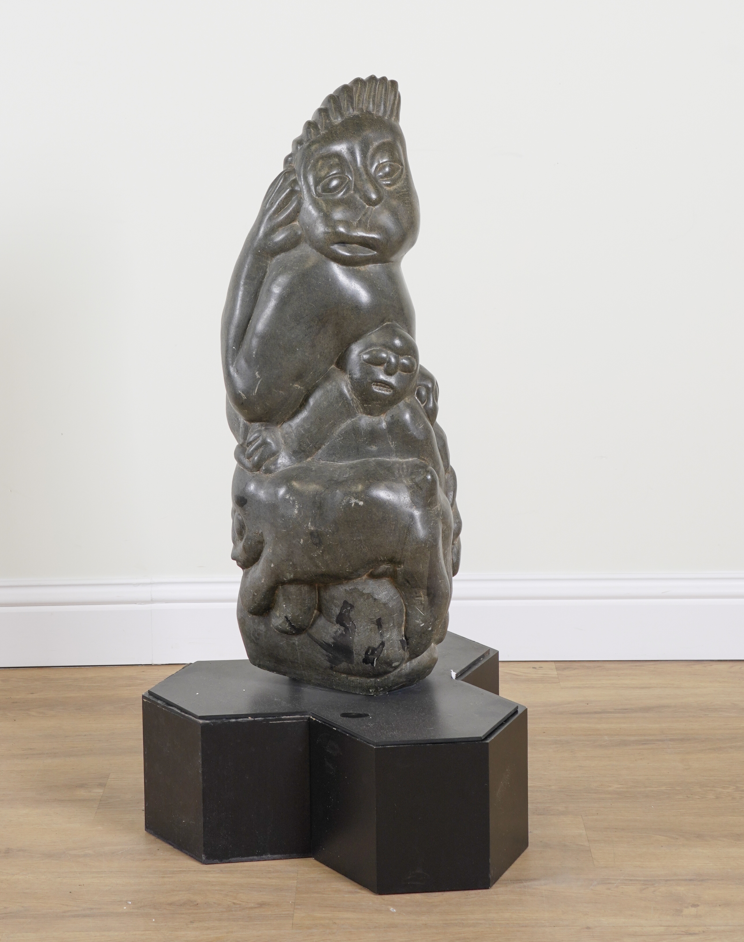 THOMAS MU (ZIMBABWE): A GREEN SERPENTINE STONE SHONA SCULPTURE OF A MOTHER AND CHILD WITH ANIMALS - Image 12 of 13