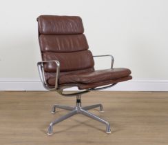 HERMAN MILLER; A BROWN LEATHER AND CHROME SOFT PAD HIGHBACK CHAIR