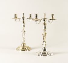 A PAIR OF PLATED TWIN LIGHT TABLE CANDELABRA (2)