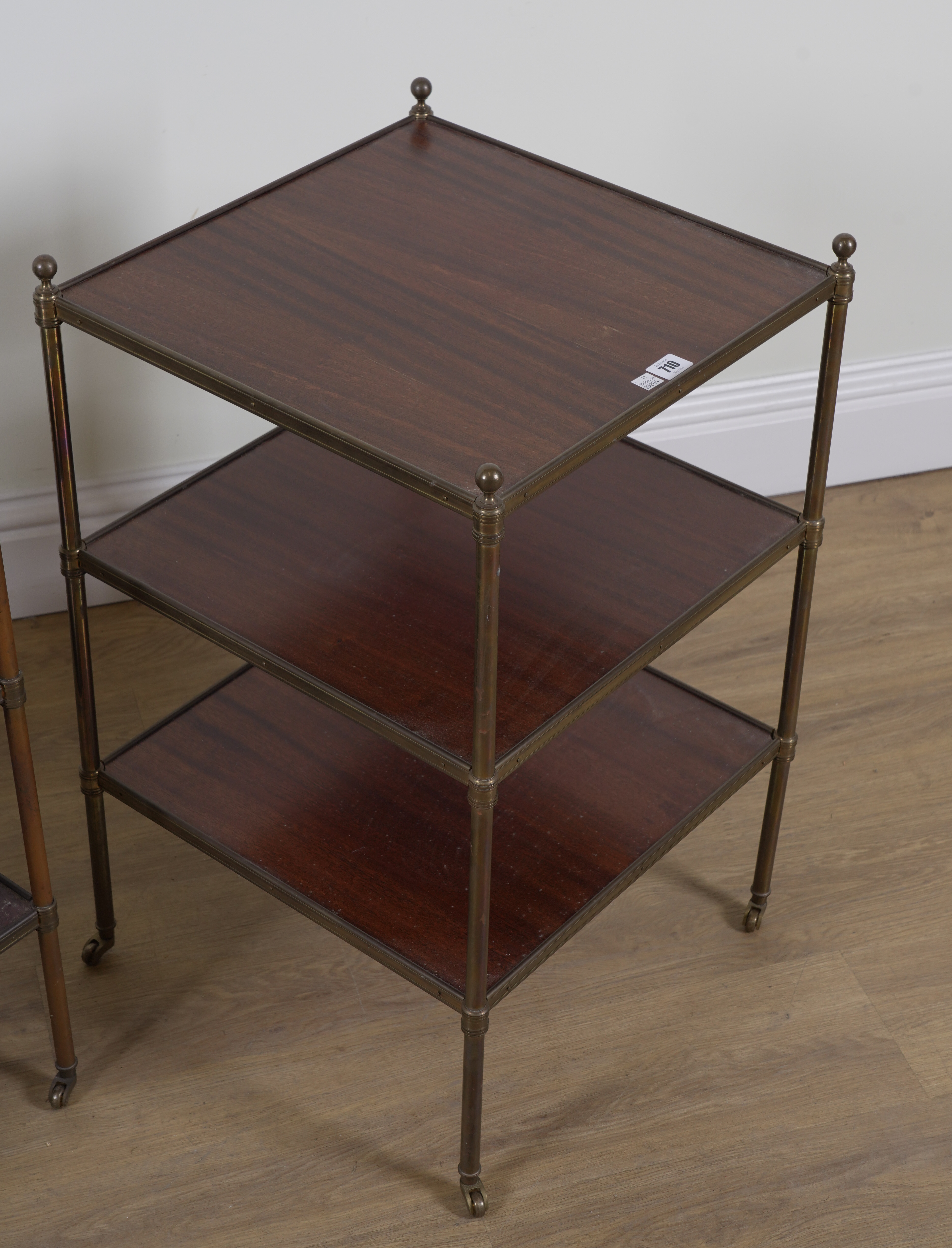A PAIR OF MID 20TH CENTURY LACQUERED BRASS AND MAHOGANY SQUARE THREE TIER ETAGERES (2) - Image 4 of 4