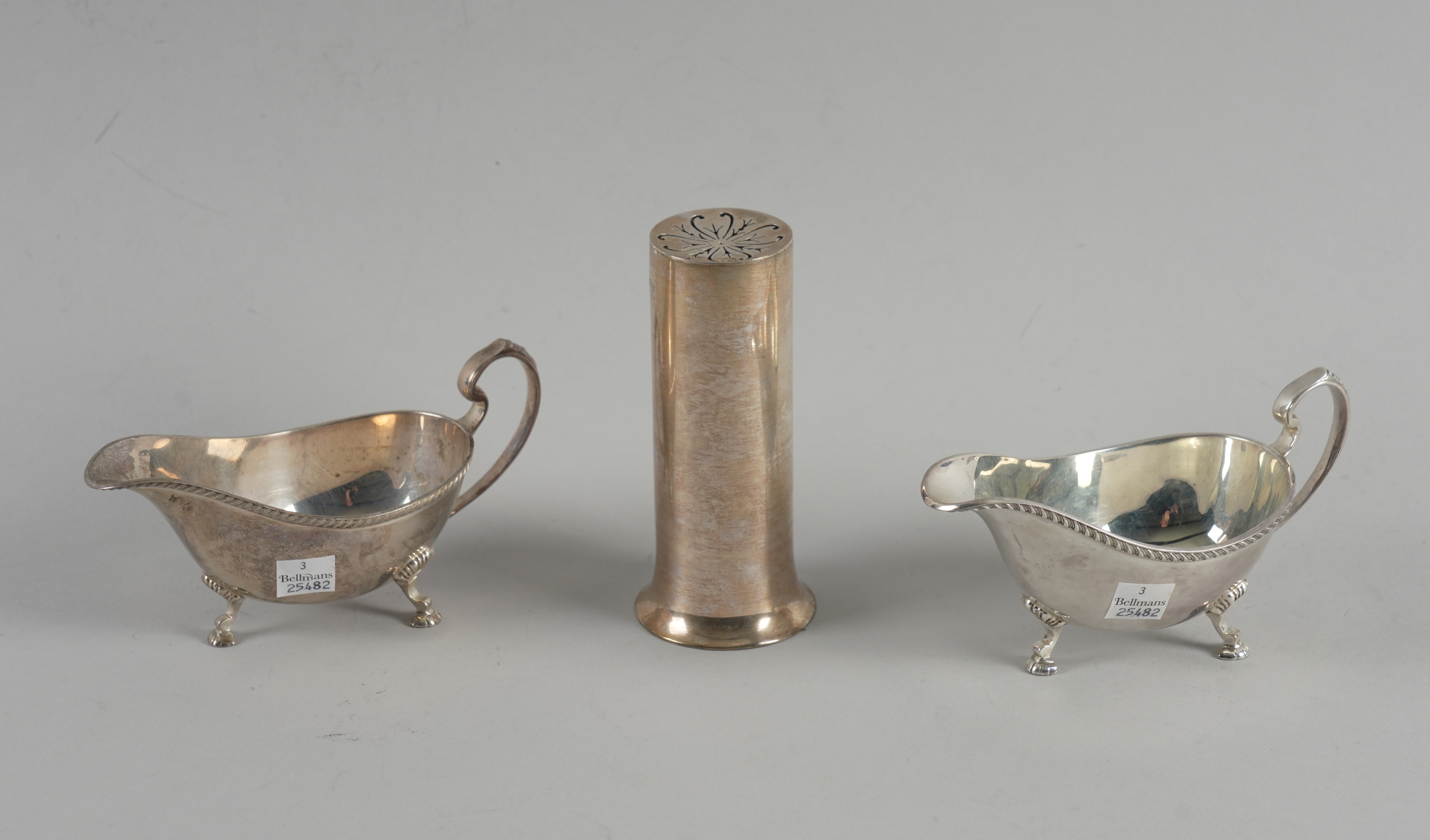 A PAIR OF SILVER SAUCEBOATS AND A SILVER SUGAR SIFTER (3) - Image 2 of 3